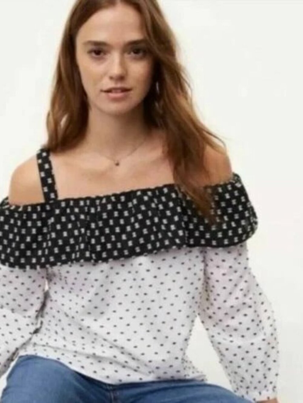 LOFT Size XS Ruffle Off The Shoulder Top Swiss Dots Black Vacation Resortwear